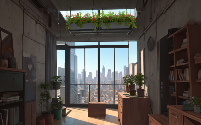 00043 3934464216 plant,flower,workshop,desk,windows,daytime,cityscape,skyscrapers,masterpiece, best 