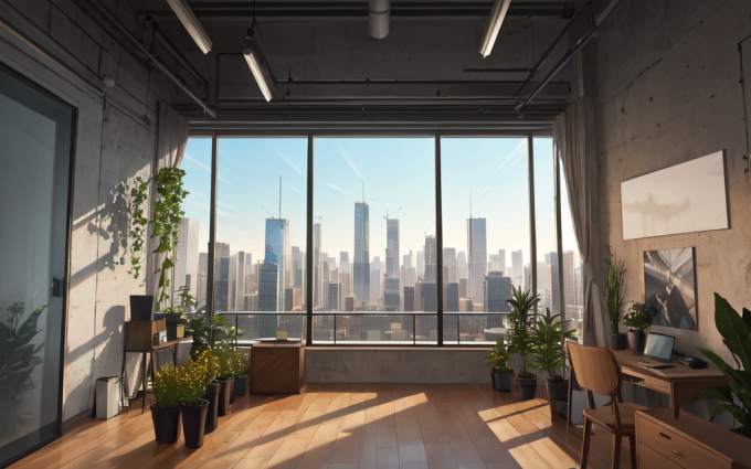 00038 3934464211 plant,flower,workshop,desk,windows,daytime,cityscape,skyscrapers,masterpiece, best 