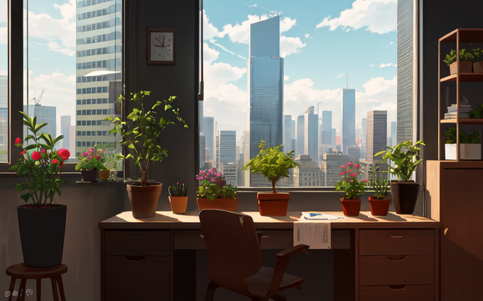 00040 3934464213 plant,flower,workshop,desk,windows,daytime,cityscape,skyscrapers,masterpiece, best 