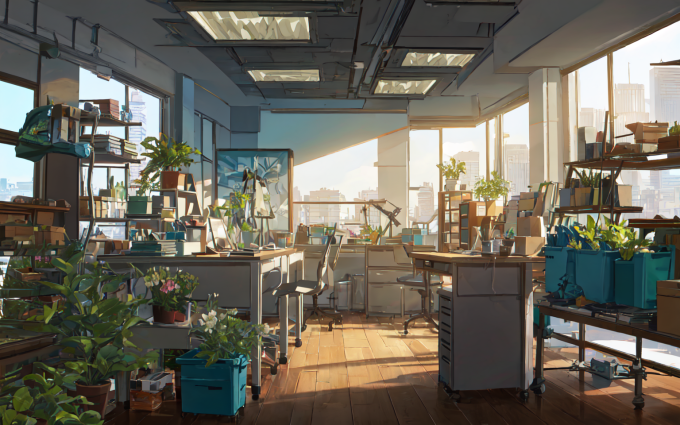 00016 3858078023 plant,flower,workshop,desk,windows,sunlight,city environment,skyscrapers,masterpiec