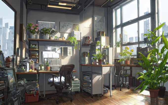 00003 350631031 plant,flower,room,desk,windows,sunlight,city environment 