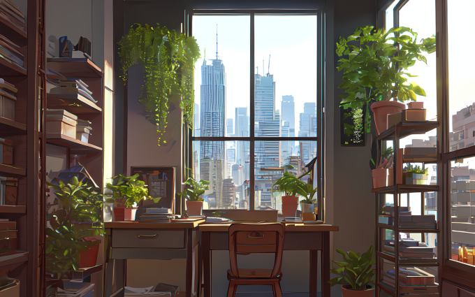 00024 2449219071 plant,flower,workshop,desk,windows,sunlight,cityscape,skyscrapers,masterpiece, best