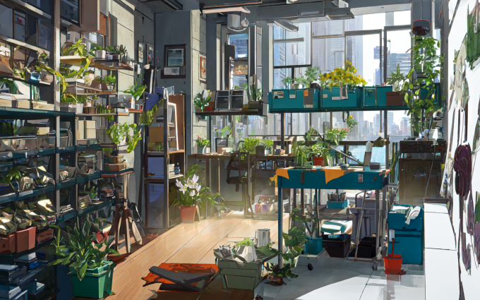 00012 3858078019 plant,flower,workshop,desk,windows,sunlight,city environment,skyscrapers,masterpiec