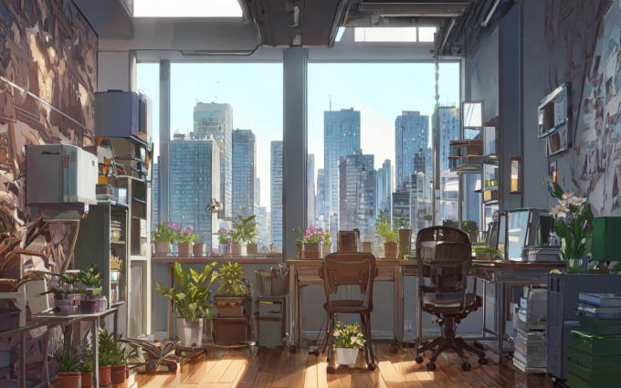00007 862352641 plant,flower,workshop,desk,windows,sunlight,city environment,skyscrapers,masterpiece