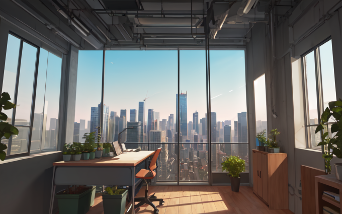 00035 3934464208 plant,flower,workshop,desk,windows,daytime,cityscape,skyscrapers,masterpiece, best 