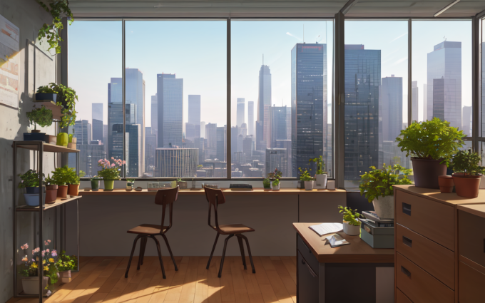 00039 3934464212 plant,flower,workshop,desk,windows,daytime,cityscape,skyscrapers,masterpiece, best 