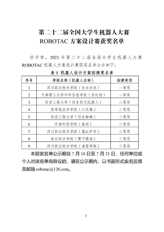 第二十二届全国大学生机器人大赛ROBOTAC方案赛获奖名单