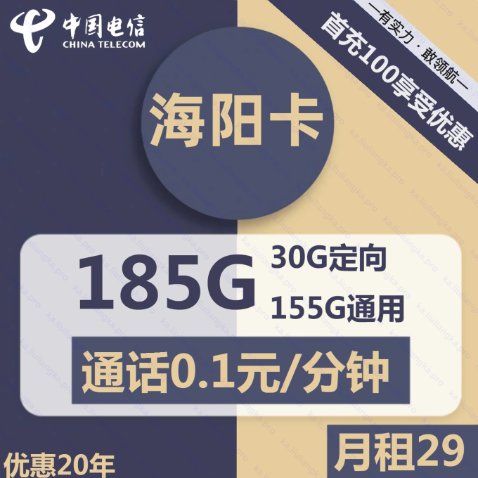 山东电信海阳卡29元155G通用流量+30G定向流量+0.1元/分钟