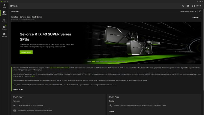 nvidia app driver download and content section