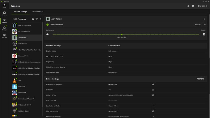 nvidia app graphics and settings section
